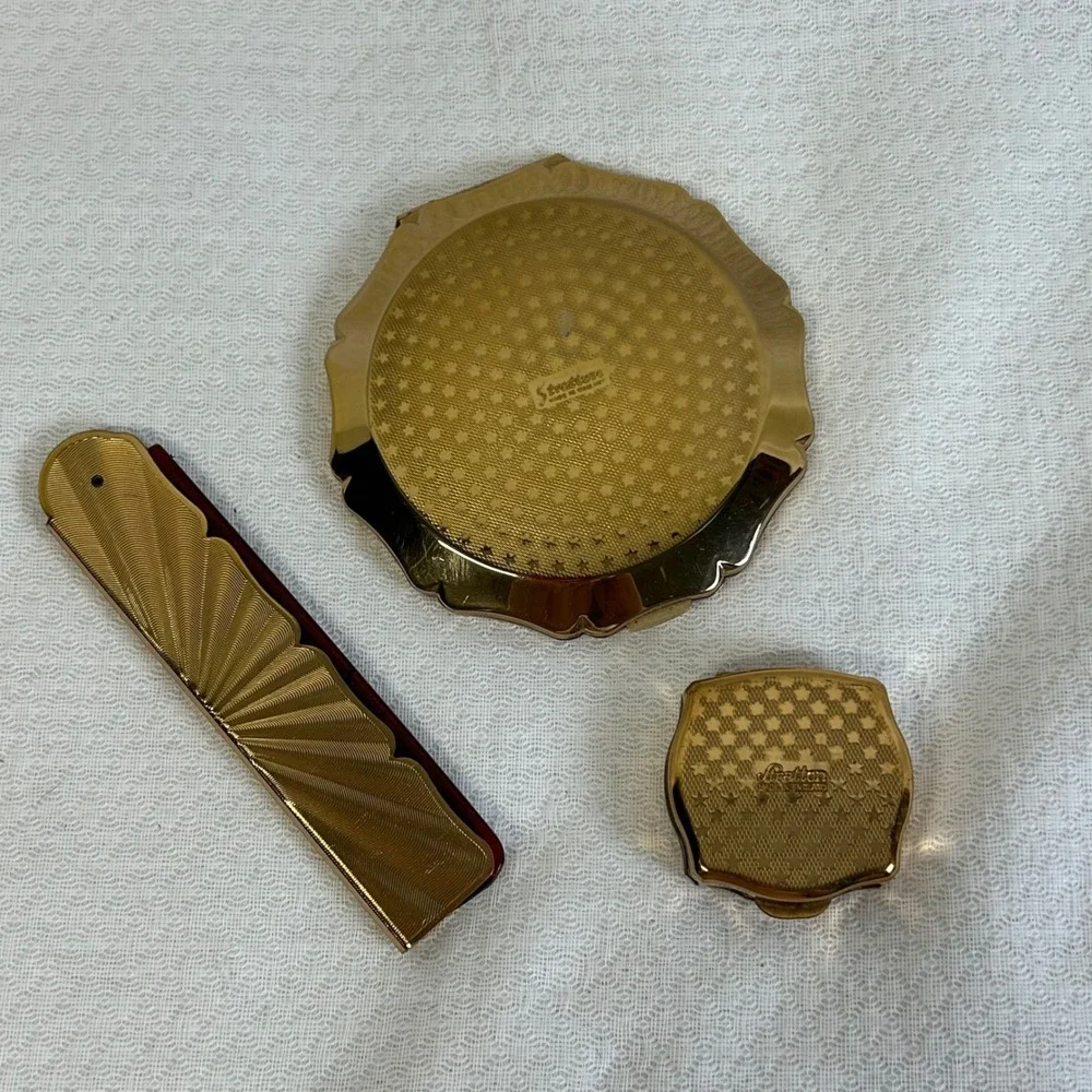 Vintage Stratton England 3pc Vanity Set Navy Blue Enamel Floral Compact Comb Box